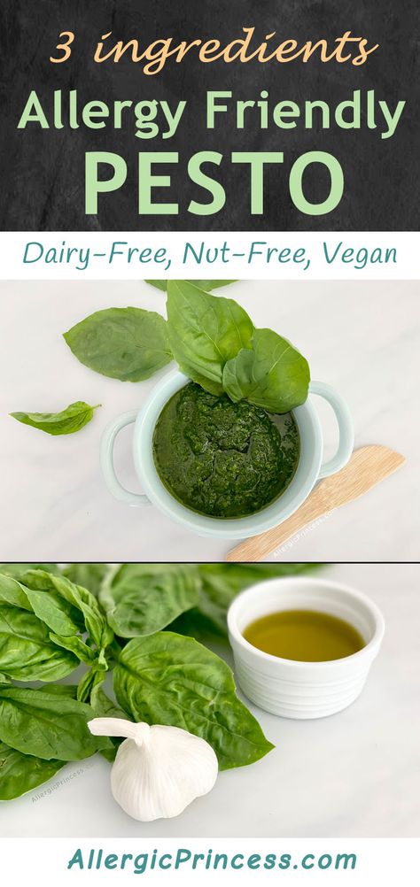 NUT-FREE PESTO VEGAN - ALLERGIC PRINCESS Basil Pesto Recipe Nut Free, Dairy Free Nut Free Pesto, Allergy Free Snacks, Oil Free Pesto, Vegetarian Pesto, Peanut Free Desserts, Nut Free Pesto, Vegan Pesto Recipe, Gluten Free Pesto