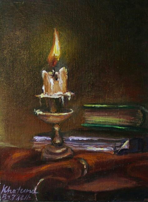 Candle Painting Art, Still Life With Books, Candle Art Painting, Artistic Portfolio, Candle Photography Dark, Candle Painting, Candle Drawing, Cat Portrait Painting, Heavy Metal Art