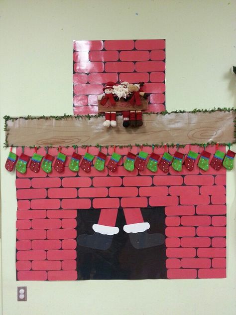 Santa coming down the chimney Santa Going Down The Chimney, Santa Coming Down The Chimney, Santa Down The Chimney, Ladybug Room, Christmas Cubicle Decorations, Christmas Bulletin Boards, Christmas Gift Games, Christmas Door Decorating Contest, Christmas Bulletin