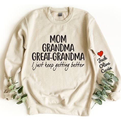 Personalized mom grandma great grandma I just keep getting better with grandkid's sweatshirt This classic crew-neck sweatshirt is an essential basic item for anyone’s wardrobe. The ribbed cuffs on the sleeves and waist are reinforced, and the high-quality cotton ensure that anyone will enjoy this cuddly and cool sweatshirt for many moons to come. Preshrunk fleece knit Double-needle stitching at shoulder, armhole, neck, waistband and cuffs 1 x 1 rib with spandex Air jet yarn for softer feel and r Mom Grandma Great Grandma, Great Grandma Gifts, Pregnancy Announcement Gifts, Great Grandma, Gildan Sweatshirt, Baby Reveal, Mom And Grandma, Gildan Sweatshirts, Getting Better