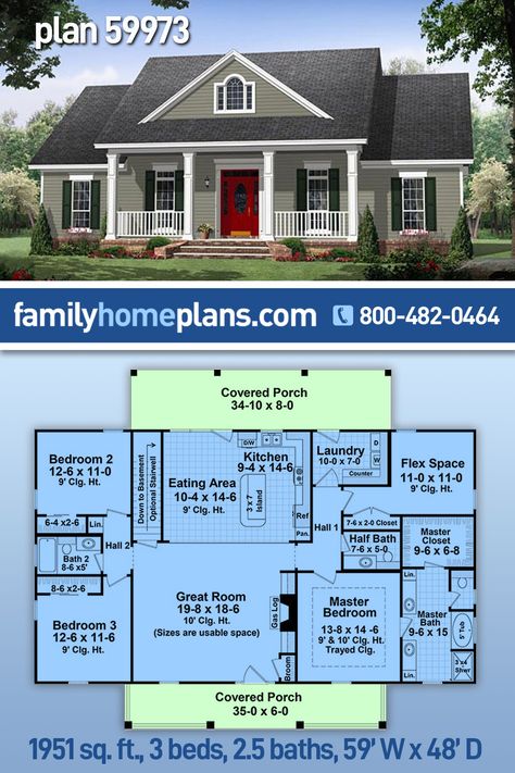 House Plan 59973 - Cottage, Country, Traditional Style House Plan with 1951 Sq Ft, 3 Bed, 3 Bath, 2 Car Garage 3 Bedroom Plus Den Floor Plans, 3 Bedroom 2 Bath House Plans Two Story, 3 Bed Two Bath Floor Plan, Floor Plan 1800 Sq Ft, House With Screened In Porch Floor Plans, 3bdrm 2 1/2 Bath House Plans, House Plan With Basement Apartment, 3bedroom 2.5 Bath House Plans, 3 Bed House Floor Plan