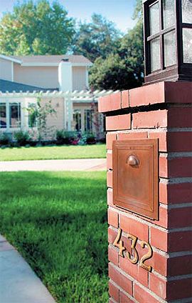 Recessed Brass Mailboxes - Mailboxes Residential Mailbox Light, Brick Mailboxes, Brick Landscaping, Brass Mailbox, Mailbox Designs, Acreage Landscaping, Copper Mailbox, Brick Mailbox, Residential Mailboxes