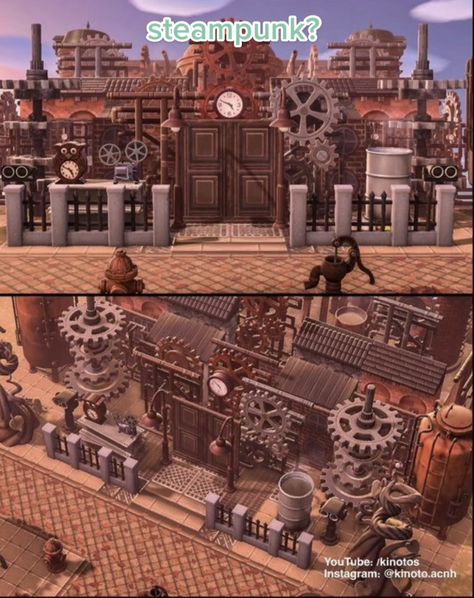 Steampunk Animal Crossing Island, Dark Academia Acnh Island Entrance, Acnh Academia Entrance, Steampunk Acnh Island, Acnh Entrance Town, Acnh Steampunk Design, Steampunk Animal Crossing, Acnh Factory, Acnh Steampunk