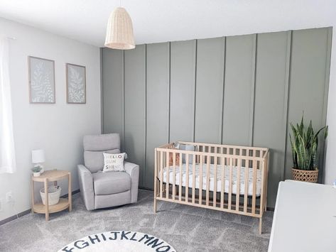 Guest Room Accent Wall Ideas, Accent Wall Behind Crib, Calming Nursery Ideas, Evergreen Fog Nursery, Accent Wall Nursery Boy, Green Neutral Nursery, Boy Nursery Accent Wall, Nursery Accent Wall Boy, Board And Batten Wall Nursery