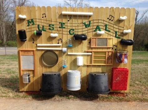 Upcycle just about anything onto a music wall. | 25 Ways To Seriously Upgrade Your Family's Backyard Kid Friendly Backyard, Preschool Playground, Outdoor Learning Spaces, Outdoor Play Spaces, Family Backyard, Outdoor Play Areas, Diy Playground, Outdoor Music, Kids Outdoor Play