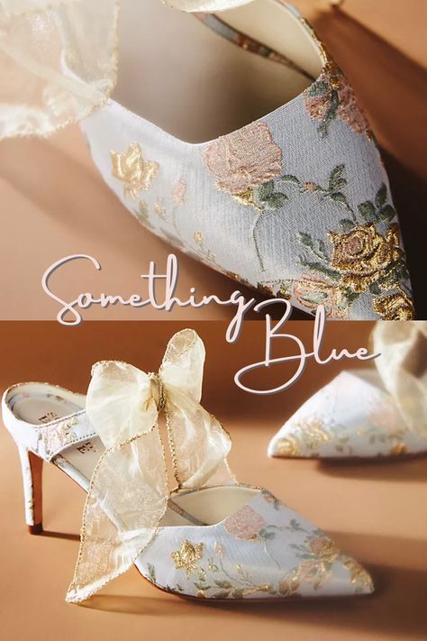 The perfect most romantic Wedding shoe to check off your Something Blue. Between the floral brocade and sweet sheer bow, it's hard to think that these pointy-toed mules are not a dream come true in wedding shoe form. Credits: Reviewed / BHLDN Unique Bridal Shoes, Something Blue Shoes, Silky Wedding Dress, Bridgerton Aesthetic, Blue Bridal Shoes, Unique Wedding Shoes, San Valentine, Navy Blue Heels, Glam Bride