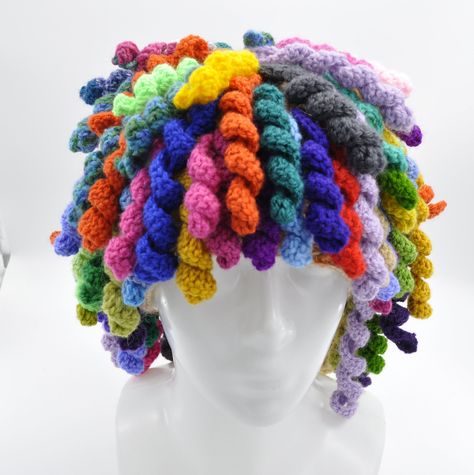 Crochet wig for party fun, colorful, brightful costume accessory for adults and kids Scene Wig, Clown Hair, Clown Wig, Yarn Wig, Hair Yarn, Foto Props, Crochet Wig, Curly Crochet Hair Styles, Crochet Rainbow