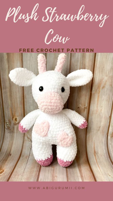 Crochet Plush Strawberry Cow Free Pattern Strawberry Cow Amigurumi Free Pattern, Amigurumi Cow Free Pattern, Cow Amigurumi Free Pattern, Plush Strawberry, Helloween Wallpaper, Knitting Amigurumi, Free Crochet Amigurumi, Treble Crochet, Strawberry Cow