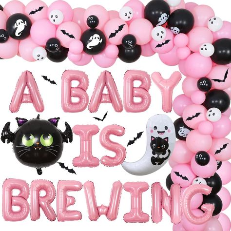 Halloween Baby Shower Decorations, Bat Balloon, Halloween Shower Ideas, Black Balloon Garland, Baby Shower Decorations For Girl, October Baby Showers, A Baby Is Brewing, Gender Reveal Party Supplies, Halloween Baby Shower Theme