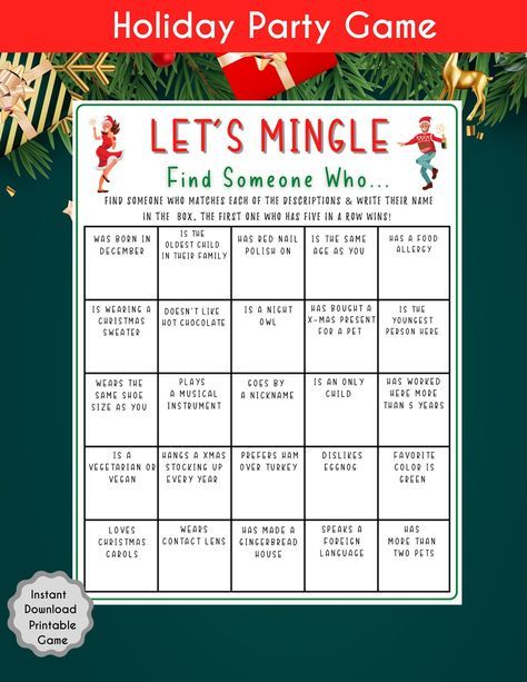 Work Christmas Party Games, Find Someone Who Game, Team Building Game, Work Party Games, Holiday Facts, Christmas Party Activities, Office Party Games, Fun Christmas Party Games, Work Christmas Party