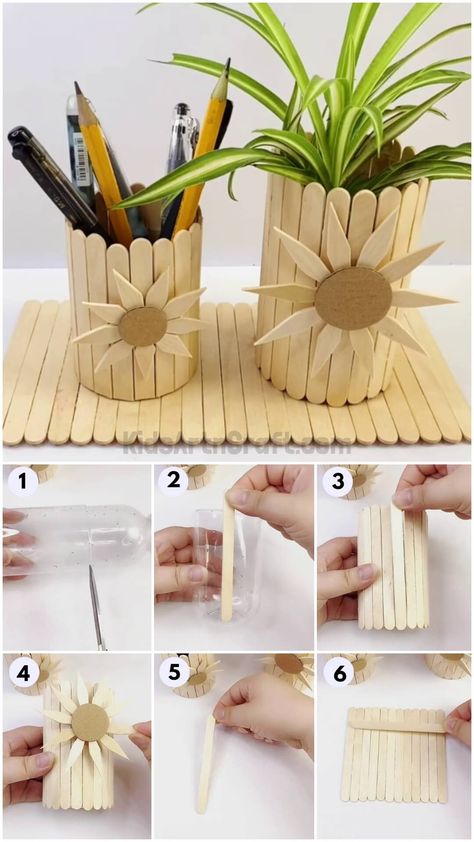 Pretty Sunflower Pattern Popsicle Stick Stand Craft Tutorial For Kids Check more at https://www.kidsartncraft.com/sunflower-popsicle-stick-craft-tutorial/ Ice Stick Craft, Ice Cream Stick Crafts, Pop Stick Craft, Stick Garden, Popsicle Stick Crafts For Adults, Wall Art Installation, Popsicle Stick Diy, Craft Stick Projects, Popsicle Stick Art