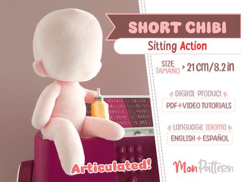 DIGITAL PRODUCT Includes a PDF with the sewing patterns and a step-by-step tutorial in English and Spanish. Ready to print on 21.0 x 29.7 cm (8.5 x 11 in) in Din A4 standard size. MODEL: Short Chibi - Sitting Action ver. DIFFICULTY: INTERMEDIATE LANGUAGE: Spanish and English. SIZES: 21 cm (8.2 in). PDF INCLUDES: - Illustrations explaining each pattern. - Material and quantities required. - Written description for the sewing process with detailed illustrations. The whole process can be done with Chibi Doll Pattern Plush, Plush Body Pattern, Sitting Plush Pattern, Plushies To Sew, Plushy Patterns Free, Dog Patterns Sewing, Anime Plush Pattern, Free Plushie Patterns, Chibi Plush Pattern