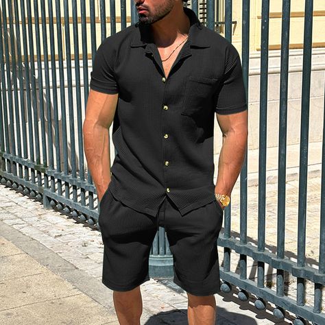 2pcs Mens Stylish Short Sleeve Shirt and Shorts Set - Breathable, Versatile, and On-Trend Fashion Drawstring Sleeve, Two Piece Sets Summer, Outfits Men Streetwear, Shirt Outfit Men, Men Casual Summer, Streetwear Jeans, Ribbed Shirt, Shirt And Shorts, Polyester Jacket