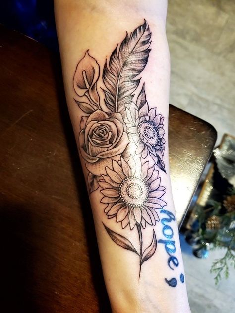 Flowers With Feathers Tattoo, Feather Sunflower Tattoo, Feather With Flowers Tattoo, Feather And Flower Tattoo, Top Forearm Tattoos, Memorial Tattoos Mom, Tattoos Mom, 30 Tattoo, Inner Arm Tattoo