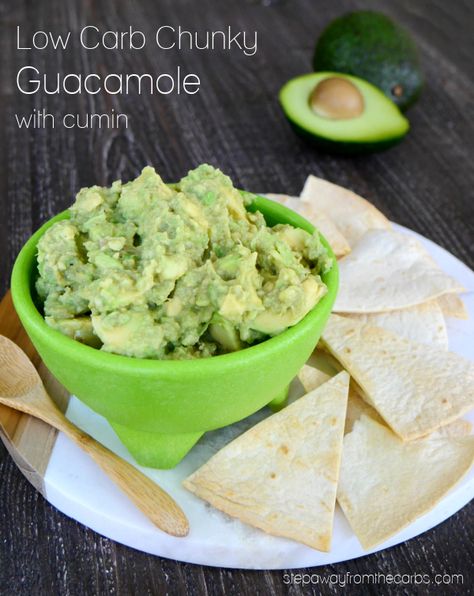 Low Carb Chunky Guacamole with Cumin Low Carb Chips, Spicy Guacamole, Keto Salads, Chunky Guacamole, Keto Appetizers, Low Carb Mexican, Low Carb Sauces, Low Carb Appetizers, Low Carb Low Sugar