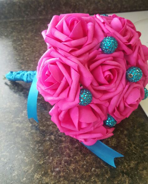 Hot pink rose, turquoise bead, satin wrapped bridesmaid wedding bouquet Hot Pink And Turquoise Wedding, Magenta And Turquoise Wedding, Teal And Hot Pink Wedding, Hot Pink Prom Bouquet Ideas, Hot Pink And White Prom Bouquet, Hot Pink Roses, Turquoise Wedding, Turquoise Beads, Wedding Bridesmaids