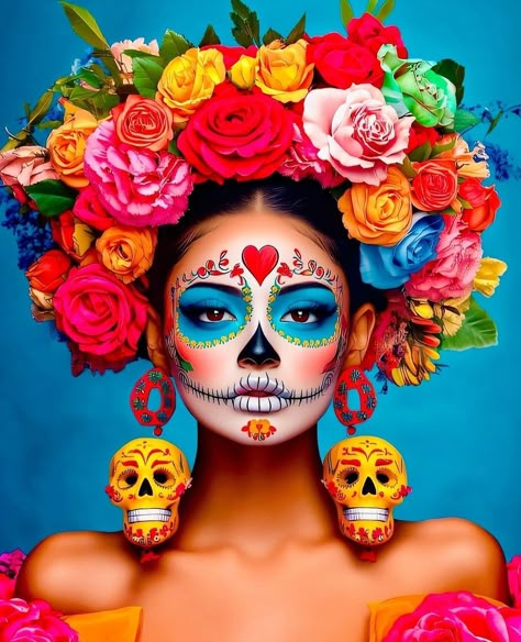 Colorful Catrina Makeup, Candy Skull Costume, Sam Miguel, Fiesta Costume, Catrina Costume, Mask Design Ideas, Candy Skull, Skeleton Makeup, Painting Halloween