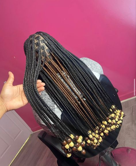 Small Knotless Box Braids Long With Beads, Peekaboo Braids Beads, Long Medium Knotless Braids With Beads, Knotless Peekaboo Braids With Beads, Peekaboo With Beads, Brown Knotless Braids With Beads, Peekaboo Knotless Box Braids, Black And Brown Knotless, Peekaboo Box Braids With Beads