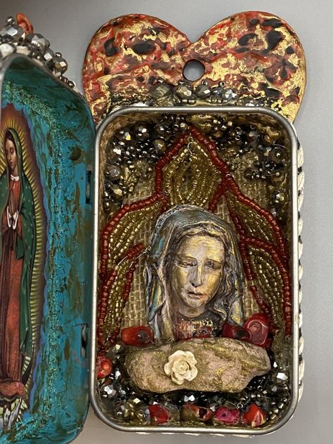 Tin Shrine, Virgin Mary Shrine, Pocket Shrine, Shrines Art, Burlap Background, Altered Tins, Halloween Cards Handmade, Valentine Cards Handmade, Tin Can Crafts