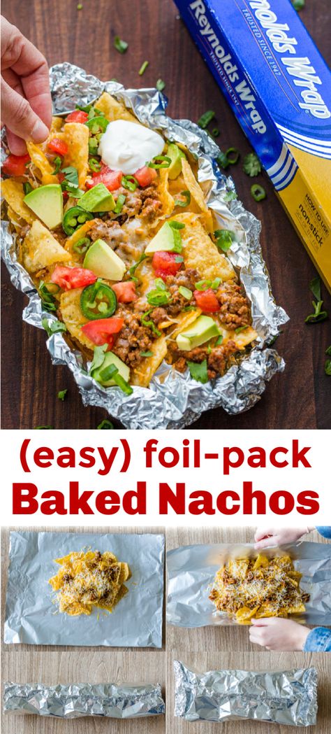 Baked Nachos Recipe, Tin Foil Meals, Tin Foil Dinners, Baked Nachos, Foil Pack Dinners, Foil Packet Dinners, Foil Pack Meals, Foil Dinners, Foil Packs