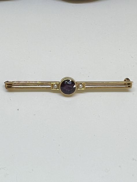 In my #etsy shop: Art Deco #Amethyst, Seed Pearl, 15 Carat Gold, Bar Brooch, Gold Amethyst Pin #goldbrooch #artdeco #valentines Art Deco Gold Brooches As Gift, Purple Amethyst Art Deco Jewelry, Art Deco Comet Broach, Collectible Art Deco Cabochon Brooches, Luxury Hallmarked Art Deco Brooch, Gold Bar, Seed Pearl, Purple Hues, Gorgeous Necklaces