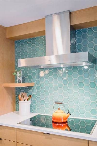 Colorful Tile Backsplash, Blue Tile Backsplash Kitchen, Coastal Tile, Blue Hexagon Tile, Blue Backsplash Kitchen, Luxury Kitchen Designs, Hexagon Tile Backsplash, Classy Couture, Brick Backsplash Kitchen