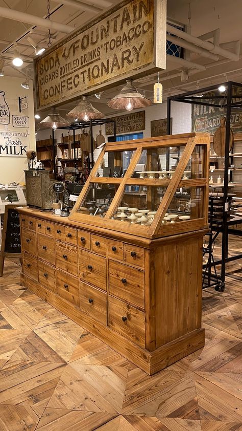 Bakery Display Cabinet | The Alley Exchange - The Alley Exchange, Inc Tea Shop Display Retail Design, Rustic Bakery Interior, Country Store Display Ideas, General Store Ideas Small Towns, Mercantile Store Ideas, Farm Shop Ideas, General Store Display, Bakery Counter, Specimen Display