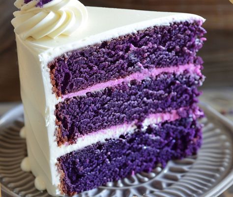 Purple Velvet Cake with White Chocolate Cream Cheese Frosting Purple Velvet Cupcakes, Purple Velvet Cake, Purple Frosting, White Chocolate Cream Cheese Frosting, Purple Velvet Cakes, White Chocolate Cream, Sweet Potato Powder, Cake With White Chocolate, Purple Food Coloring