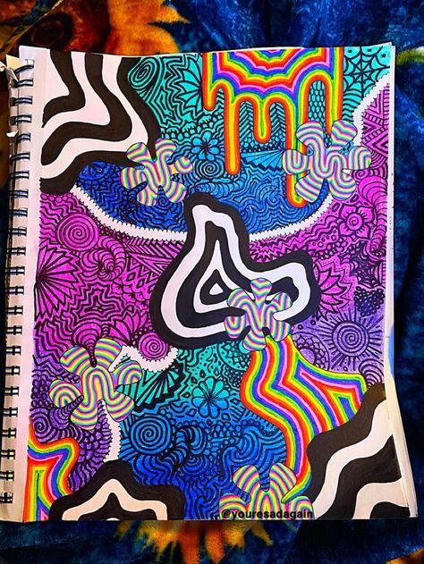 I made this with colored pencils, markers, and sharpies. I post my art on tiktok @youresadagain 🌙 Trippy Drawings Colorful, Trippy Drawing Ideas Colorful, Highliter Drawing, Trippy Marker Art, Highlighter Drawings Trippy, Collage Mirror, Zentangle Circles, Cool Watercolor Ideas Trippy, Dripping Paint Art