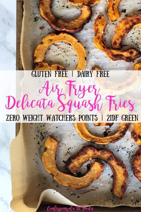 My new favorite side dish now has Air Fryer Instructions - these Delicata Squash Fries are highly addicting and a great way to get your veggies in!  Perfect for the 21 Day Fix, 2B Mindset, and ZERO Weight Watchers Freestyle points! A lower carb alternative to sweet potato fries! 21 Day Fix Squash | Delicata Squash Fries | 2B Mindset Fries | Portion Fix Fries | Air Fryer Recipes | Air Fryer Squash Fries | Air Fryer Delicata Squash | Healthy Side Dishes #21dayfixrecipes #21dayfixfries #delicatasqu Squash Delicata, Air Fryer Recipes Wings, Air Fryer Recipes Chips, Air Fryer Recipes Meat, Air Fryer Recipes Vegetables, Delicata Squash Recipe, Squash Fries, Air Fryer Recipes Breakfast, Air Fryer Recipes Snacks