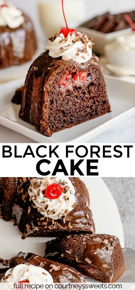 Black Forest Cake Black Forest Bundt Cake Recipe, Black Forest Cake Easy, Fancy Deserts, Black Forest Cake Recipe, Easy Bundt Cake, Cherry Filling, Chocolate Bundt Cake, Decadent Chocolate Cake, Black Forest Cake