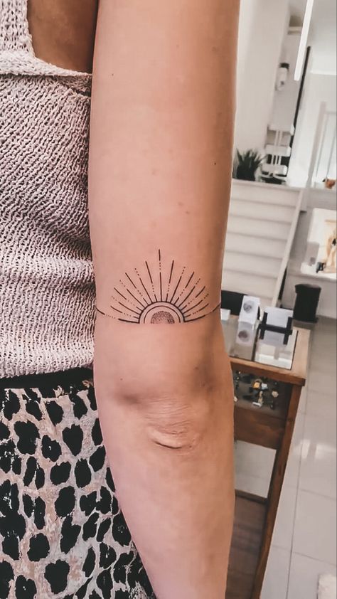 Boho Sunset Tattoo, Back Of Arm Sun Tattoo, Sun Tattoo Back Of Arm, Sunrise And Sunset Tattoo, Sunrise Sunset Tattoo, Sun Arm Tattoo, Annie Tattoo, Luca Tattoo, Rising Sun Tattoos