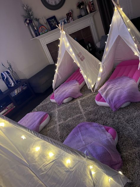 Girls Sleepover idea. White tents with lights, and twin size tents. Blow Up Mattress, Birthday Sleepover, Kids Tents, Birthday Idea, Slumber Parties, 4 Kids, Girl Birthday, Tent, Mattress