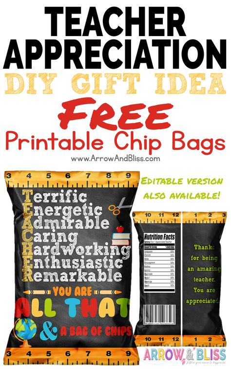 Grab these FREE teacher appreciation printable chip bags. Fill with chips or small treats. Free Teacher Appreciation Gifts, Chip Bag Printable, Teacher Appreciation Themes, Teacher Appreciation Gift Card, Teacher Appreciation Diy, Teacher Morale, Appreciation Gifts Diy, Teacher Treats, Teacher Appreciation Gifts Diy