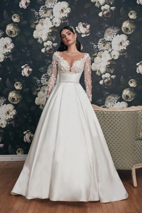 Calla Blanche Style #121224. Satin And Lace Wedding Dress A Line, Satin Bridal Gowns With Sleeves, Lace Long Sleeve Satin Wedding Dress, Stain Wedding Dress Long Sleeve, Satin Ball Gown With Sleeves, Full Satin Wedding Dress, Wedding Veils Ideas, Princess Wedding Dresses Satin, Lace Bodice Satin Skirt Wedding Dress