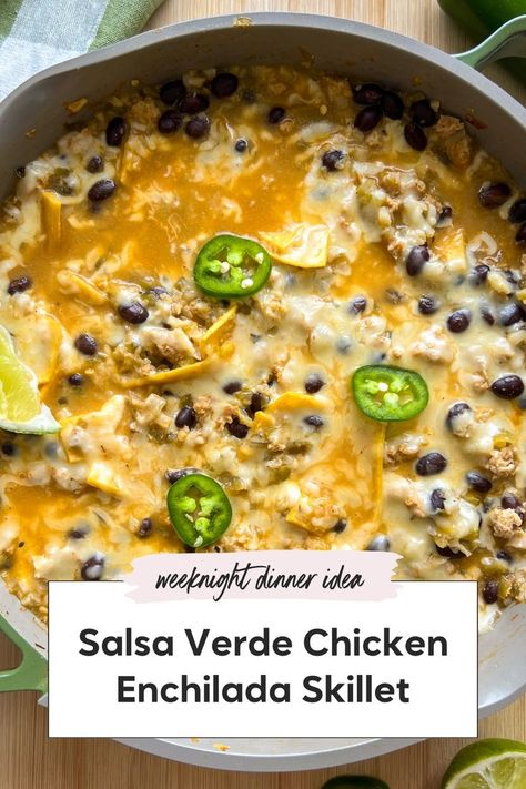 Looking for ideas for healthy recipes? Try this ground chicken enchilada skillet. It's one of the best one skillet meals that's healthy, easy, and high protein. Perfect for dinner, this salsa verde enchilada skillet sauce with fresh ingredients is a must-try. Enchilada Skillet, Chicken Enchilada Skillet, Verde Chicken, Salsa Verde Chicken, One Skillet Meals, One Pan Dinner, One Skillet, Chicken Enchilada, Ground Chicken