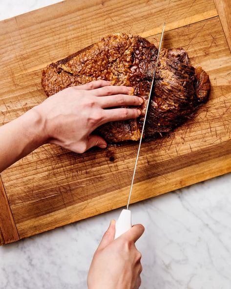 How to Cut Brisket (Including the Flat and Point Cuts) | The Kitchn Brisket Flat, Brisket Oven, Barbecue Sandwiches, Slow Cooker Brisket, Point Cut, Against The Grain, Strip Steak, Beef Brisket, Cooking Light