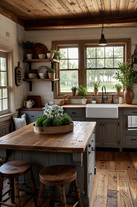 Ideas With Wood, Small Rustic Kitchens, Farmhouse Kitchen Makeover, Country House Kitchen, Distressed Cabinets, Farmhouse Makeover, Small Farmhouse Kitchen, Farmhouse Kitchen Decor Ideas, Rustic Farmhouse Kitchen Decor