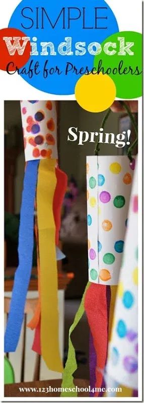 Here is a simple, easy to make windsock craft for kids to make as they celebrate the arival of spring! This wind sock craft is fun for toddler, preschool, pre-k, kindergarten, and first grade students to make.  Your kids will love making this brigh and cheery paper windsock craft with stremers and do a dot markers. It is a wonderful spring craft for preschoolers. Windsock Craft, Spring School, Preschool Projects, Spring Craft, Spring Preschool, Spring Crafts For Kids, Simple Craft, Daycare Crafts, Classroom Crafts