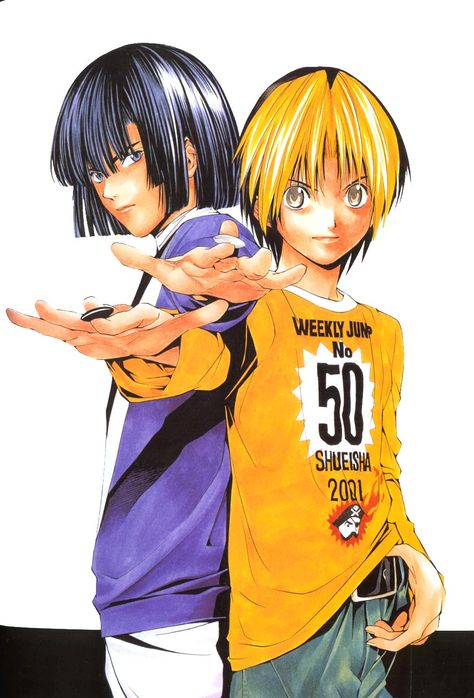 Obata Takeshi, Hikaru no Go, Touya Akira, Shindou Hikaru, Bob Cut, Rivals Hikaru No Go Manga, Takeshi Obata, Manga Illustrations, Hikaru No Go, 캐릭터 드로잉, Manga Artist, Manga Covers, Illustration Character Design, Boy Hairstyles