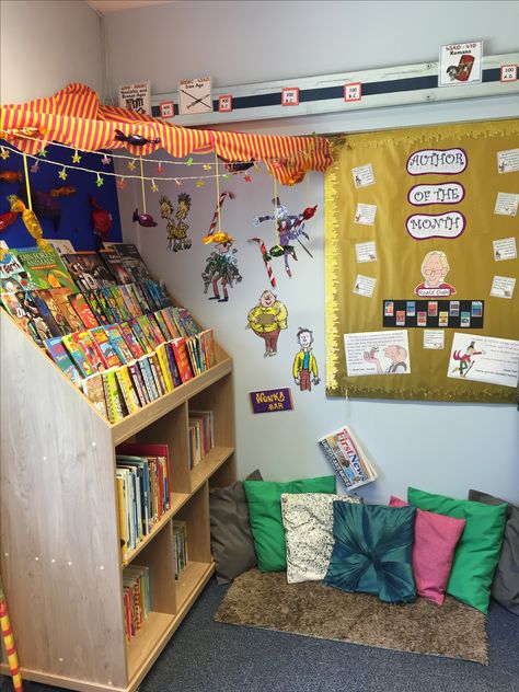 Charlie and the Chocolate Factory themed reading area. #reading area #roalddahl #classlibrary #ks2 Reading Area Classroom Ks2, Reading Area Classroom, Year 4 Classroom, Reading Areas, Class Library, Charlie And The Chocolate Factory, Reading Area, Year 3, Roald Dahl