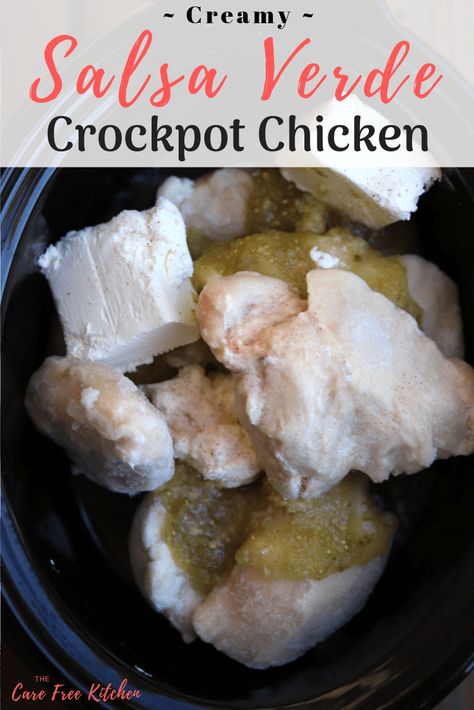 Easy Crockpot Creamy Salsa Verde Chicken | thecarefreekitchen Crockpot Salsa Verde Chicken, Creamy Salsa Verde Chicken, Crockpot Salsa Verde, Salsa Verde Chicken Crockpot, Slow Cooker Salsa Verde Chicken, Salsa Verde Chicken Recipe, Creamy Salsa Verde, Crockpot Salsa, Shredded Chicken Recipe