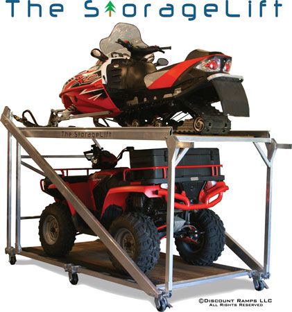 We need this lift! Atv Racks Diy, Snowmobile Storage, Snowmobile Lift, Atv Racks, Atv Storage, Atv Attachments, Garage Lift, Garage Loft, Atv Trailers