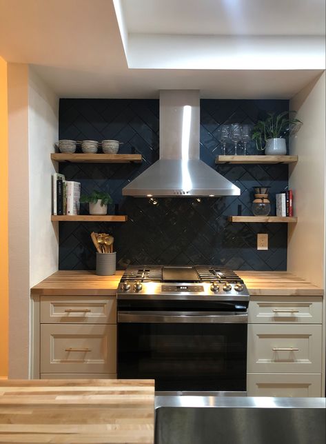 Butcher Block Island Blue Cabinets, Black Backsplash With Butcher Block Counters, Black Hexagon Backsplash, Dark Butcher Block Countertops, Backsplash With Butcher Block Counters, Black Herringbone Backsplash, Backsplash In Kitchen, Butcher Block Ideas, Octagon Tile