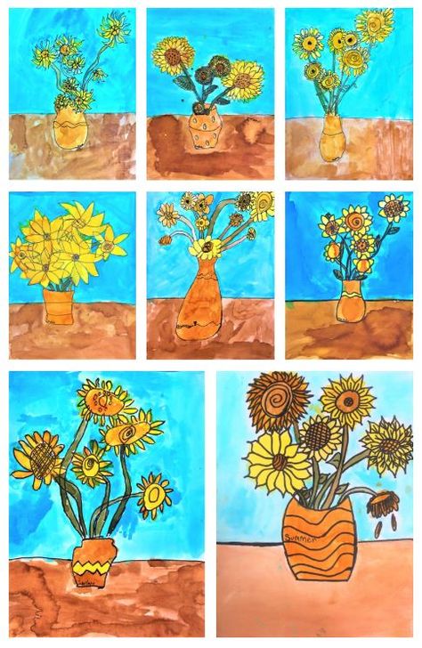 1st Grade Van Gogh Sunflowers, Sunflower Art Lesson Elementary, Van Gogh Sunflower Elementary Art Lesson, Sunflowers Van Gogh, Van Gogh Sunflowers Art Project, Van Gogh Sunflowers For Kids, Van Gogh Kids Art Projects, Van Gogh Art Projects For Kids, Sunflowers Art