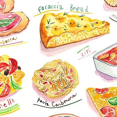 Lucile Prache on Instagram: "Trip to Italy 🇮🇹 #watercolorfoodillustration #italiancuisine #italianfood #foodpainting #foodchart #italianmeal #italiandish #pastaillustration #panzanella #lasagna #focaccia #bruschetta #pastacarbonara #ribollita #torroni #saltimboca #focacciabread #ziti #pastaconpomodoro #pizzaillustration #margheritapizza" Colorful Kitchen Decor, Food Chart, Food Types, Italy Wall Art, Paint Inspiration, Italy Food, Trip To Italy, Food Charts, Food Poster Design