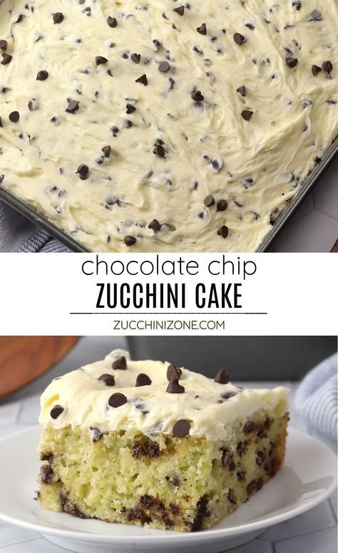 Chocolate chip zucchini cake recipe. Chocolate chip zucchini cake is a moist vanilla sheet cake filled with mini chocolate chips. It's perfect for summer birthdays and parties! #chocolatechipcake #chocolatechipzucchinicake #zucchinicake #summercake #cakerecipe Zucchini Cake Chocolate Chip, Zucchini Dessert Recipes Easy, Vanilla Zucchini Cake, Zucchini Cake Recipe Easy, Moist Vanilla Sheet Cake, Chocolate Chip Zucchini Cake, Cake For Summer, Vanilla Sheet Cake, Zucchini Cake Recipe