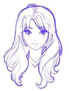 Anime Curly Hair Female, Anime Hairstyles Female, Hair Outline, Drawing Beginners, Long Drawing, Base Female, Long Hair Drawing, Reference Anime, Girl Outlines