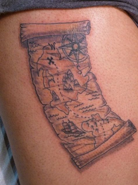 Treasure Map Tattoo, Pirate Map Tattoo, Tatoo Adventure, Map Tattoo Ideas, Nautical Sleeve, Lost Tattoo, World Map Tattoos, Map Tattoo, Map Tattoos