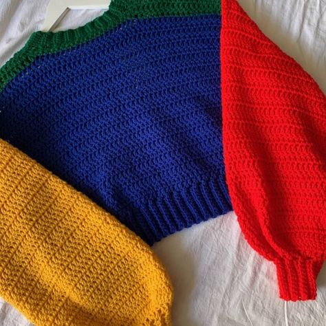 Colour Block Knit Sweater, Primary Color Crochet, Color Block Knit Sweater, Funky Knit Sweater, Crochet Sweater Color Combination, Crochet Colorblock Sweater, Block Crochet Sweater, Color Block Crochet Sweater, Crochet Rocks